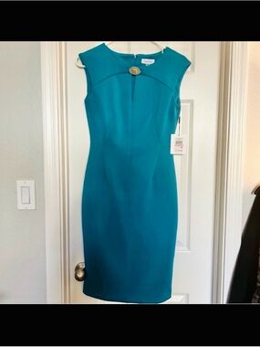 NWT Calvin Klein Teal Sheath Dress with Gold Buckle